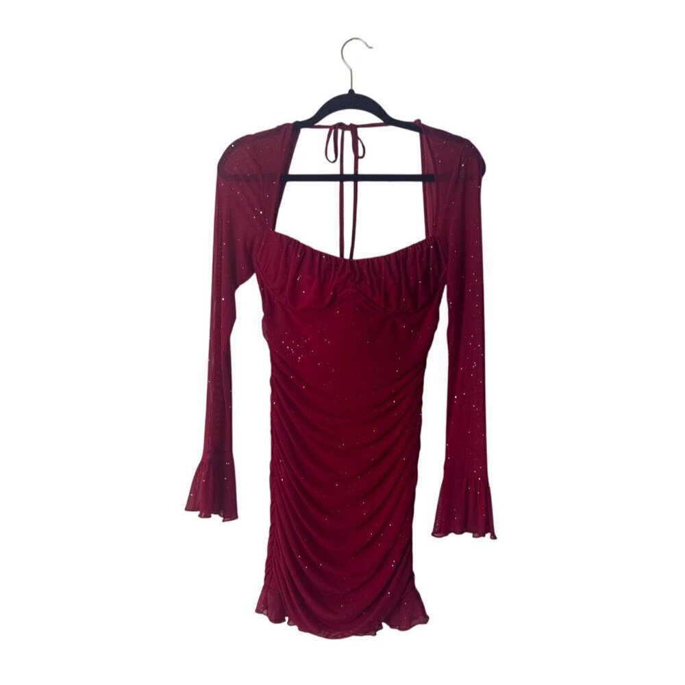 Red Ruched Long-Sleeve Sparkle Mini Dress With Bell Sleeves & Tie Back